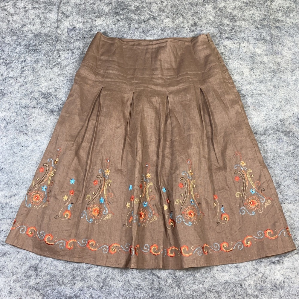 Silkland Lined Skirt Women's 8 Brown Beaded Embroidered Pleated Boho Aztec